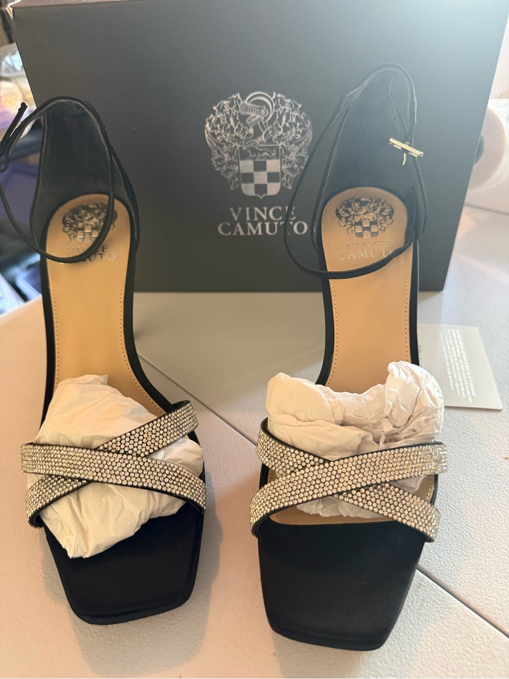 Vince Camuto Black Strappy Heels with Crystal Cross Straps
